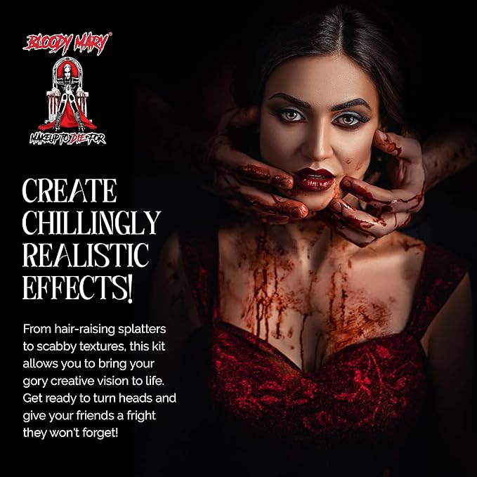 Vampire SFX Makeup Kit - Wicked Bite Special Effects Face Makeup Set with 1/2 Oz. Extra Thick Fake Blood, Black Pencil Liner, Stipple Sponge and Zipper Bag for Halloween or Stage - Bloody Mary