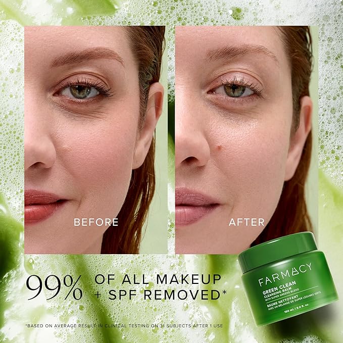 Farmacy Makeup Remover Cleansing Balm - Green Clean Waterproof Makeup Remover + Oil Based Cleanser - Newly Formulated Double Cleanser with Plant Based Waxes + Upcycled Moringa (30ml)