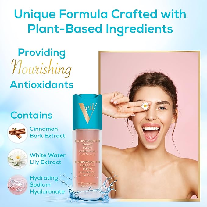 Veil Cosmetics Complexion Fix 3-in-1 Primer - Serum, Mixing Base, Primer - Pore Minimizing - Hydrate, Brighten & Soothe - Smooths Wrinkles & Fine Lines - Extend Makeup Wear - Vegan - Beautiful Skin