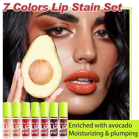 7 Colors Lip Tint Stain Set, Watery Lip Stain Mini Liquid Matte Lipstick, Multi-use Lip Cheek Tint, Moisturizing Plump Lip Gloss, Lightweight Non-Sticky, Long Lasting, Vivid Lip Makeup (Avocado)