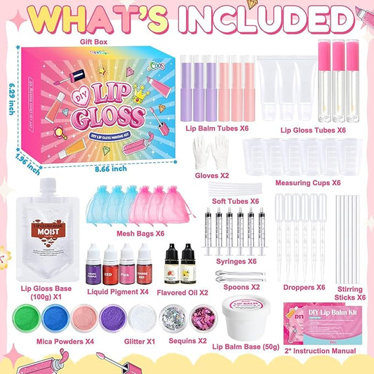 JCOOS Lip Gloss Making Kit and Lip Balm Making Kit, Make Your Own Lip Gloss Kit, Lip Balm Kit, Lipgloss Tubes, Moisturizing Base, Glitter, Kids Makeup Lipgloss Sets for Girls, Fun Stuff for Teens Gift