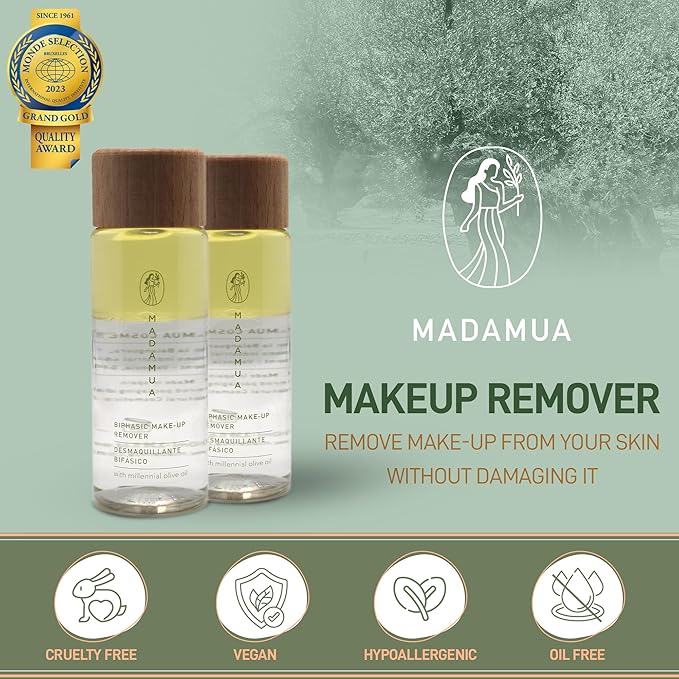 Biphasic Waterproof Makeup Remover - Millennial Olive Oil Based Cleanser, Travel Size Eye Make Up Remover Liquid, Moisturizing Care Makeup Essentials