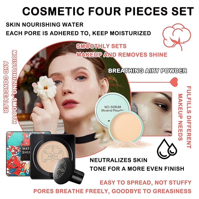 Mushroom Head Air Cushion CC Cream Full Coverage Liquid Foundation,Oil Control Concealer Lasting Moisturizing BB Cream,Loose Setting Face Powder Moisturizer Base Primer Makeup with Makeup Sponge