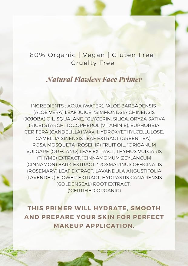 Mom's Secret Natural Flawless Face Makeup Primer, Organic, Vegan, Gluten Free, Non GMO, For All Skin Types, Paraben Free, Cruelty Free, Made in the USA, 1oz