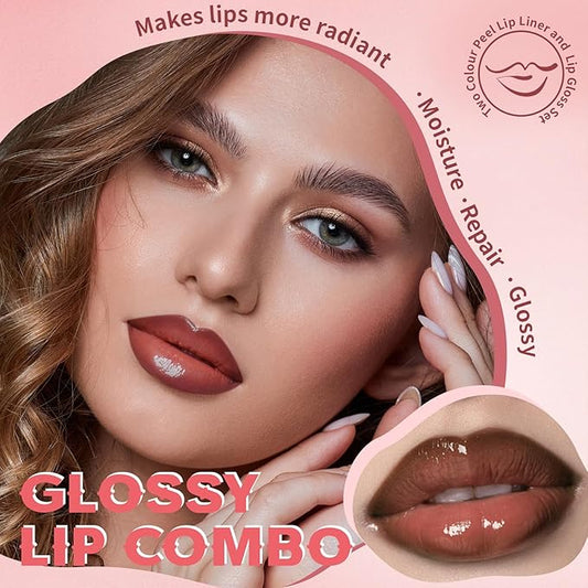 2 Colors Peel Off Lip Liner Stain with Nude Nourishing Lip Gloss Combo for Women, Waterproof Long Wear Tattoo Lip Stain Peel Off, Non Sticky Lip Tint Nude Brown Lip liner Set Lipstick Makeup