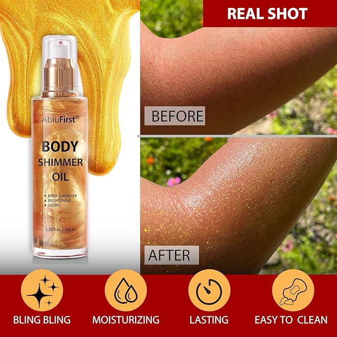Shimmer Body Oil Summer Body Glitter Moisturizing Light Shimmer Glow Non-Sticky Summer Body Luminizer and Illuminator Smooth (2.8 Fl Oz (Pack of 1), Gold)