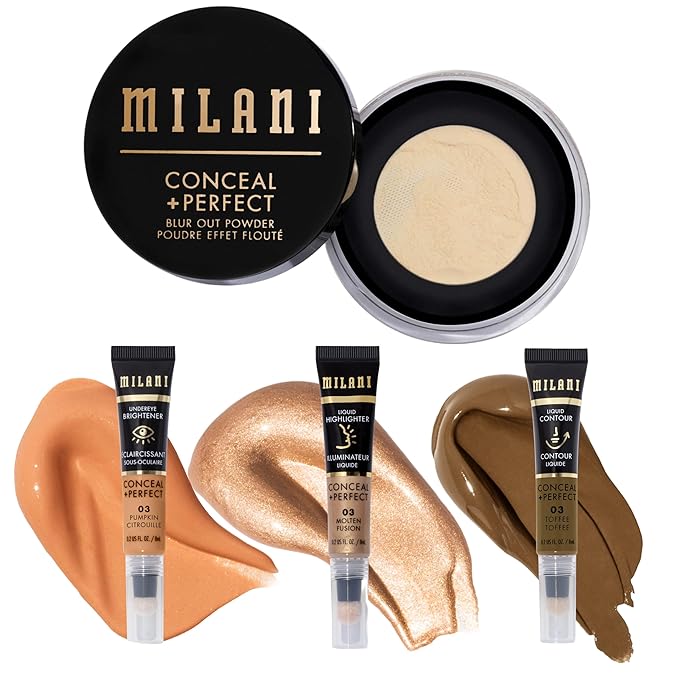 Milani Conceal + Perfect Blur Out Powder and Facelift Collection Kit 3: Toffee Contour, Molten Highlighter, Pumpkin Undereye Brightener