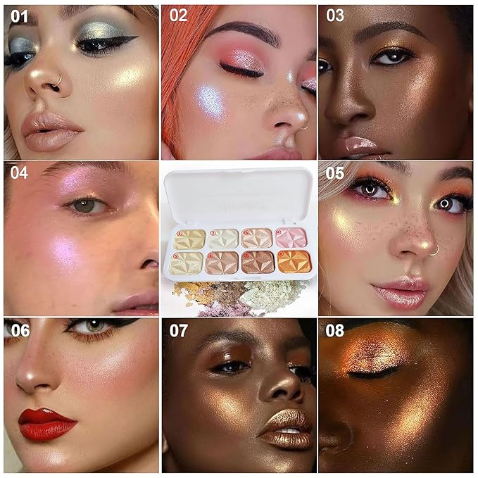 8 Colors Highlighter Makeup Palette, Glitter Eyeshadow Palette Facial Contour Brightening Blush Makeup Shimmer Glitter Highlighter Bronzer Palette Highlighters Cosmetics