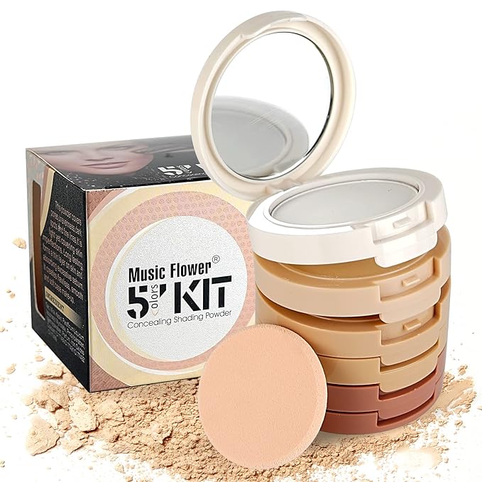 Pure Vie 5 Colors Long-Lasting Lightweight Multi-layer Matte Loose Setting Powder Face Makeup Contour Palette Concealing Shading Powder Foundation for Minimizes Pores & Perfects Skin
