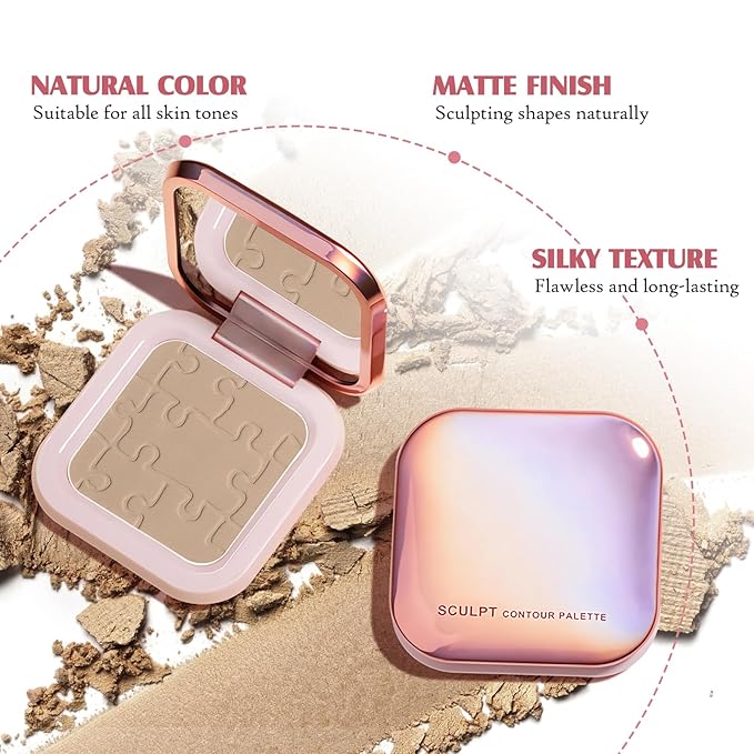 Cream Contour Powder Palette Kit with Brush & Mirror, Matte Bronzer Cool Toned Contour Powder Palette for Face Sculpting Makeup (#C03 Taupe)