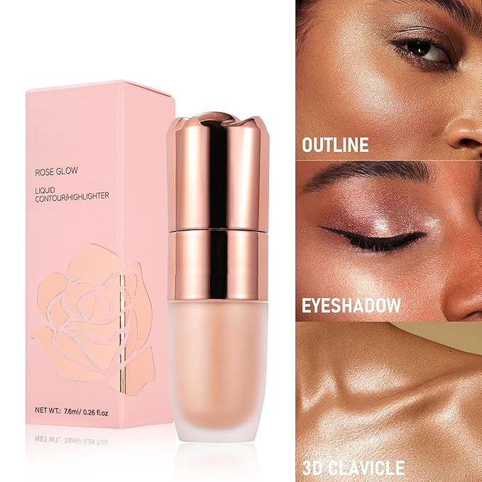 Liquid Glitter Highlighter, Cream Contour Stick Makeup Highlighter Rose Contouring Stick for Face and Body, Glow Long-Lasting Waterproof Multi-Use Highlight & Contour Beauty Wand for Women(#05)
