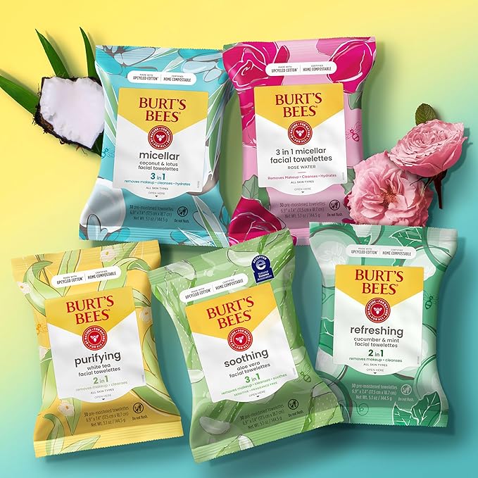 Burt's Bees, Rose Water Face Wipes, for All Skin Types, Hydrating Micellar Makeup Remover & Facial Cleansing Towelettes, 30 Count (1 Pack)