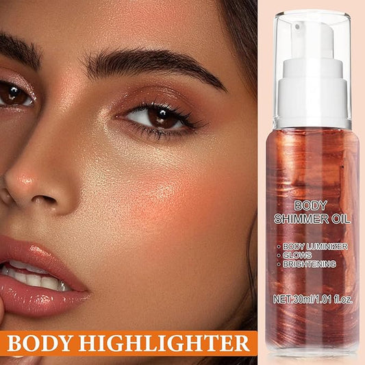 Body Shimmer Oil Luminizer, Face & Body Waterproof Moisturizing Glow Illuminator, Golden Brown Highlighter