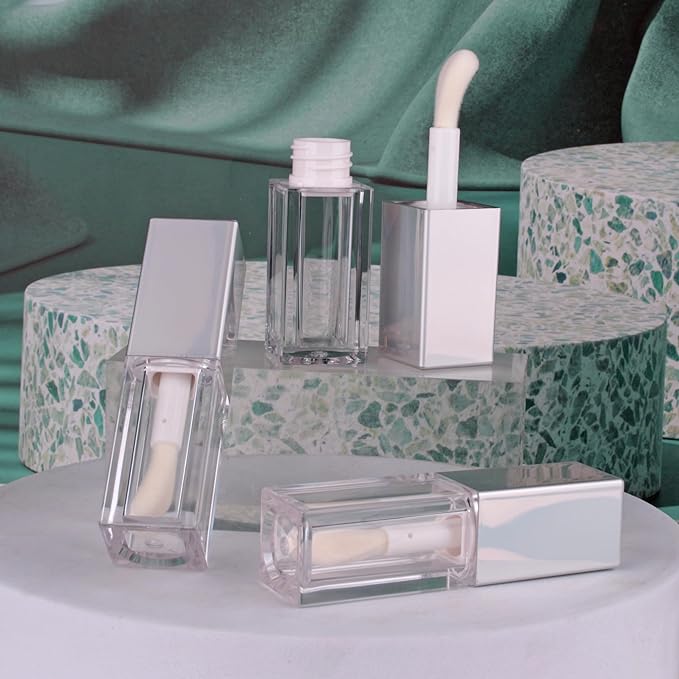 COSIDEA 24pcs 5ml Empty square Holigraphic silver lipgloss tubes bulk wholesale with big wand lipgloss containers large doe foot tube