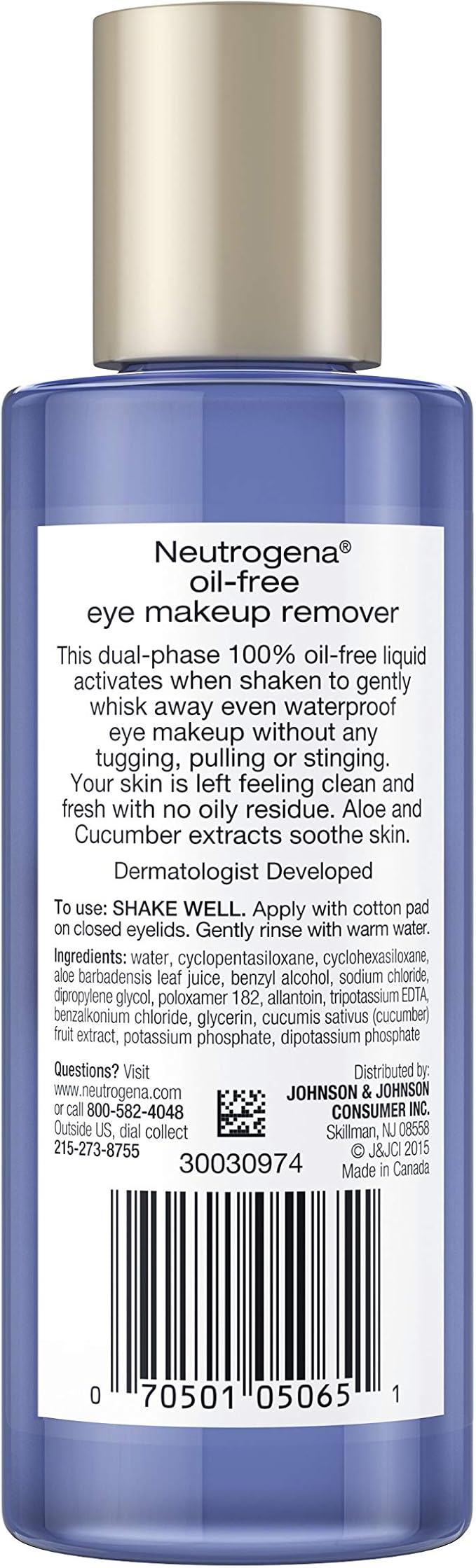 Neutrogena Oil-Free Liquid Eye Makeup Remover, Residue-Free, Non-Greasy, Gentle & Skin-Soothing Makeup Remover Solution with Aloe & Cucumber Extract for Waterproof Mascara, 5.5 fl. Oz (Pack of 4)