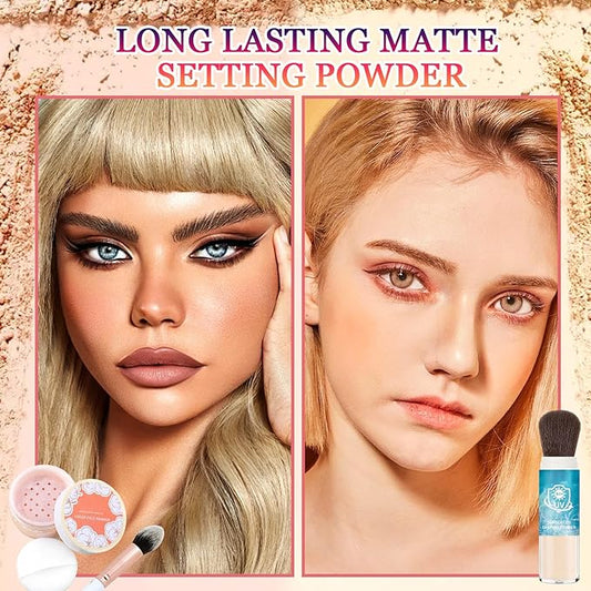 2PCS Loose Setting Powder with Cosmetic Brush,Waterproof Loose Powder Makeup,Natural Matte Translucent Powder Setting Powder,Oil Control Loose Face Powder for Women and Men
