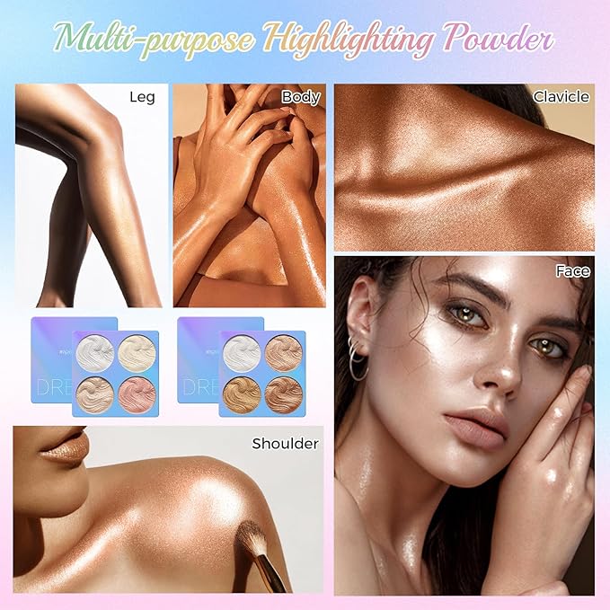 Highlighter Powder Palette, Illuminator Palette Highlighter Baked Waterproof Long Lasting Brilliant Lighten Skin Color Face Contour Powder (A3)