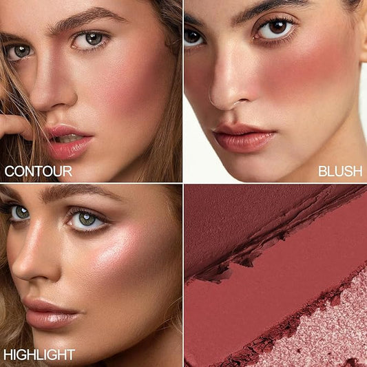 3 Color Highlighter Makeup Palette, Matte Powder Blush for Cheeks, Lightweight, Blendable, Shimmer Shadow Powder with Mirror, Easy to Create Natural Three-dimensional Look