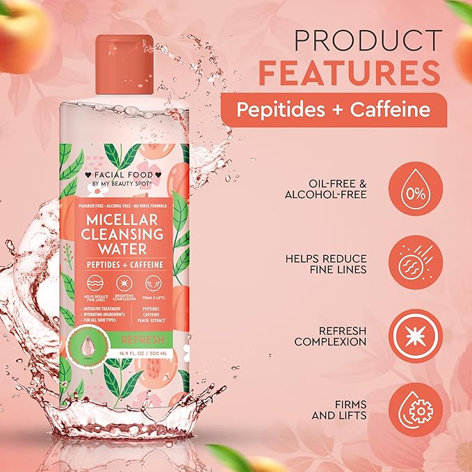 My Beauty Spot Micellar Water - Facial Cleansing Makeup Remover Hydrating Peach Infused Micellar Water – Gentle Makeup Remover – 16.9 Fl. Oz.