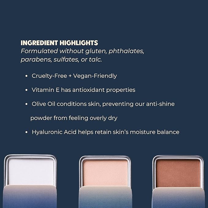 Shine Eraser | Absorbs Oil + Minimizes Pores | Premium Mattifying Formula for Men’s Skin | 3 Shades | High-Performance Ingredients | Made In USA | Cruelty-Free + Vegan | 100% Recyclable Tin