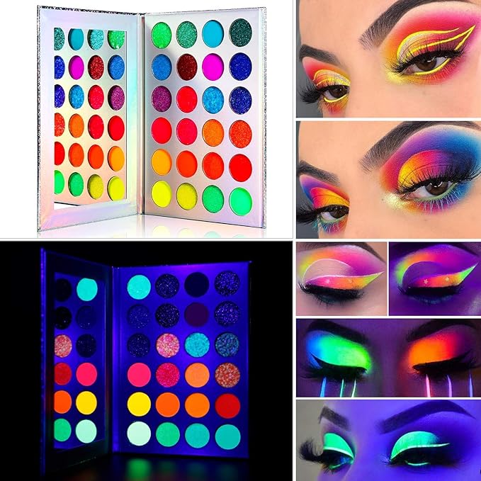 DE'LANCI Neon Eyeshadow Palette Glow in the Dark and SFX Makeup Metallic Powder,Halloween Christmas Makeup Kit UV Blacklight Matte Glitter Eye Shadow+Good Coverage Metal Powder Set for 3-4 People