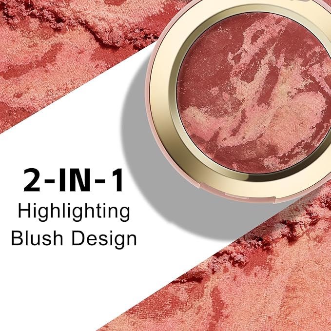 Baked Blush for Cheeks, 2 in 1 Powder Blush Palette and Highlighter, Contouring Shimmer Natural Makeup All Day Wear