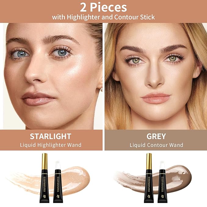 FV 2PCS Cool Toned Contour & Highlighter Stick, Blendable & Natural Finish Liquid Contour Makeup Set, Long Lasting & Creamy Texture Face Illuminator & Shaping Stick, Cruelty-free & Vegan, 01&04