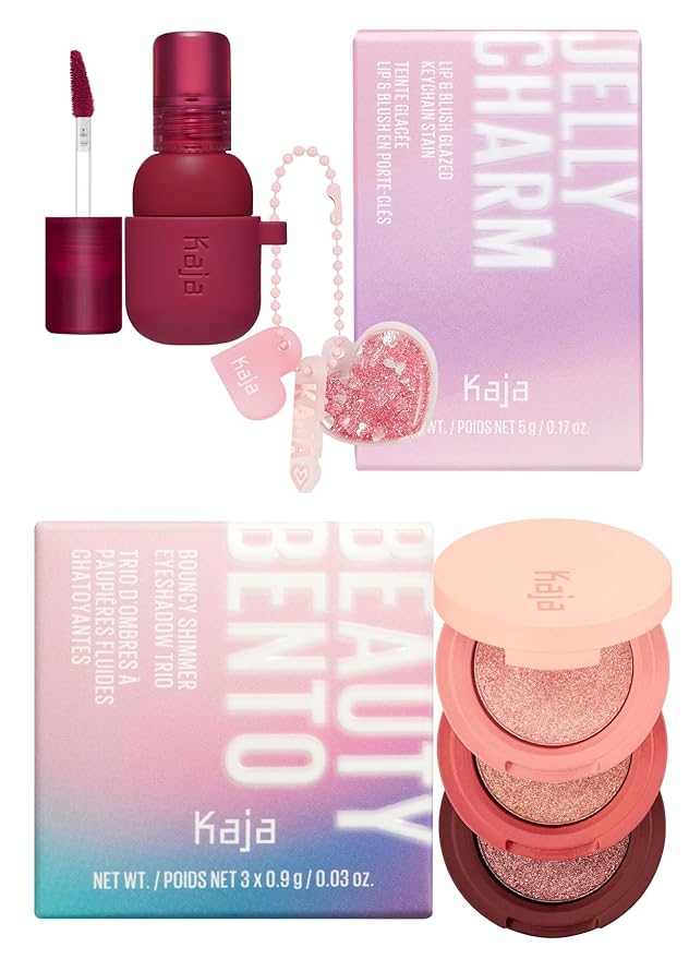 Kaja Lip & Blush Glazed Keychain Stain - Jelly Charm 01 Cherry Spritz + Beauty Bento Collection - Bouncy Eyeshadow Trio 02 Orange Blossom, 0.03 Oz Bundle