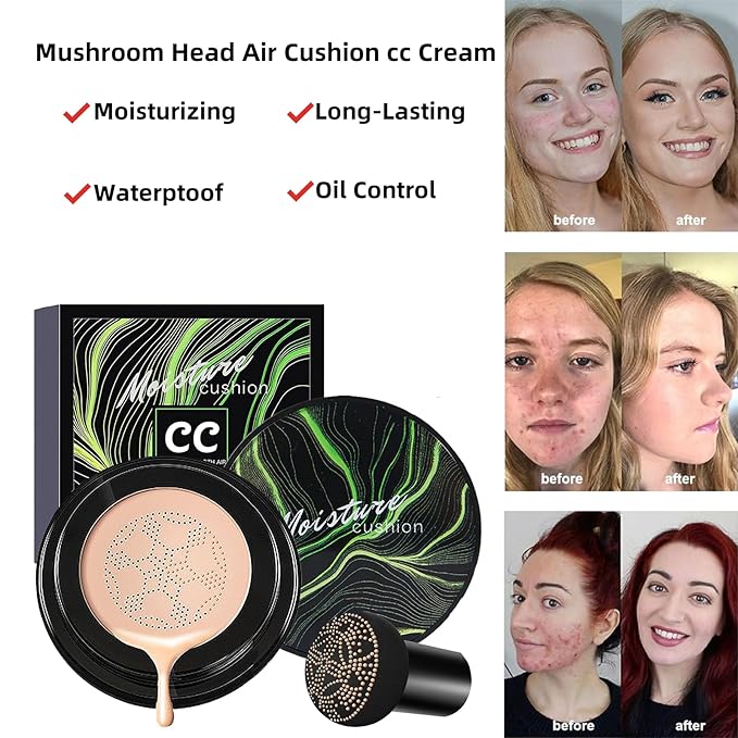Mushroom Heads Air Cushion CC Cream,Moisturizing BB Cream,air cushion cc cream foundation,Full Coverage Long Lasting Concealer,Even Skin Tone Base Nude Makeup Foundation