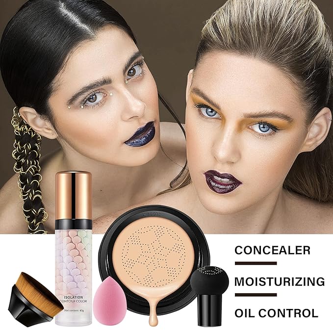 2PCS Mushroom Head Air Cushion CC Cream, Moisturizing Primer, Oil Control BB Cream for All Skin Types, Full Coverage Concealer Liquid Foundation Face Makeup Set with Foundation Brush & Makeup Sponge E