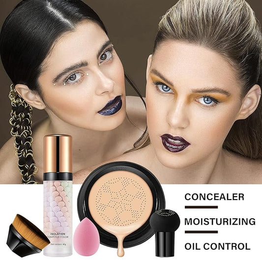 2PCS Mushroom Head Air Cushion CC Cream, Moisturizing Primer, Oil Control BB Cream for All Skin Types, Full Coverage Concealer Liquid Foundation Face Makeup Set with Foundation Brush & Makeup Sponge E