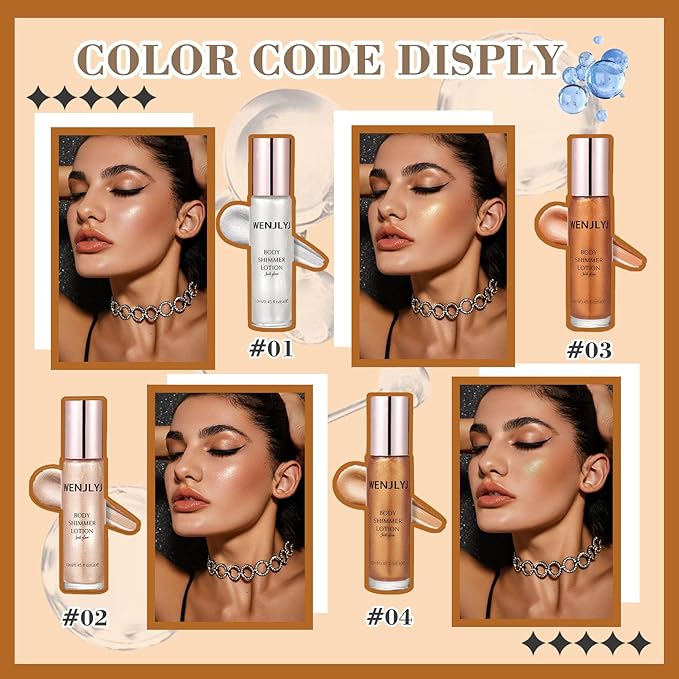 Body Shimmer Oil Set,Waterproof Body Glitter Oil for Face & Body,High Glossy Long Lasting Moisturizing Body Luminizer Glow,Multi-purpose Body Glitter Oil Liquid Illuminator Highlighter(4 Pcs)
