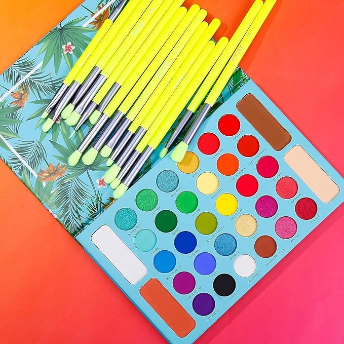 Docolor 15Piece Eye Makeup Brushes Set + 34 Colors Tropical Eeyshadow Palette Pigmented Matte Shimmer Metallic Blendable Soft Cream Powder Makeup Eye Shadow Palettes for Christmas Gift