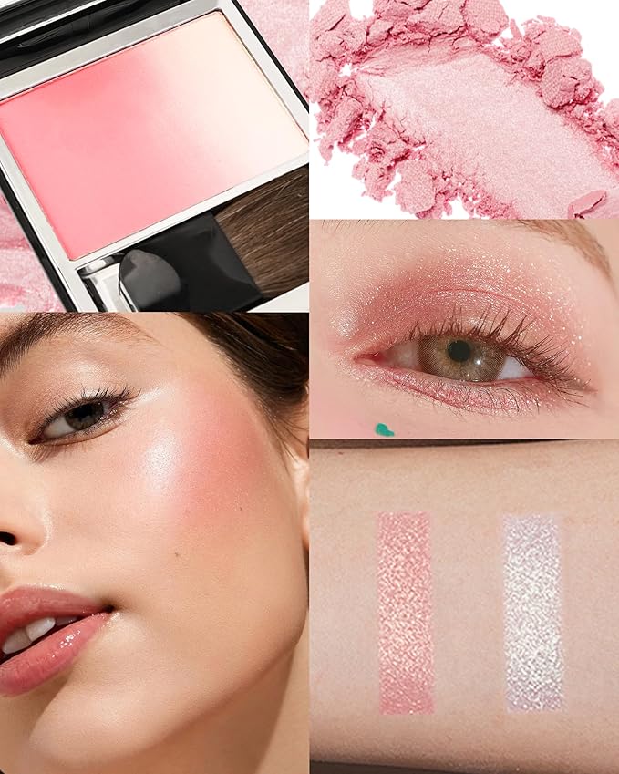 Shimmer Pink Blush for Cheeks, Multiuse Powder for Blush Palette for Blusher & Highlighter, Lightweight Long-Lasting High Glossy Finish, Blendable Gradient Blusher, Makeup Gift for Women-05