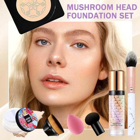 6 PCS Mushroom Head Foundation Set,Mushroom Head Air Cushion CC Cream,Moisturizing Oil Control Natural Foundation,Air Cushion Concealer Moisturizing Foundation with Makeup Sponge