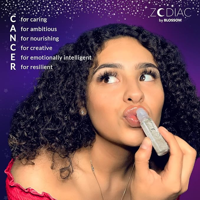 Blossom Lip Gloss Zodiac Sign Vanilla Scented Roll-On Lip Gloss, Moisturizing + Hydrating with Zodiac Crystals, Made in USA, 0.20oz, Cancer