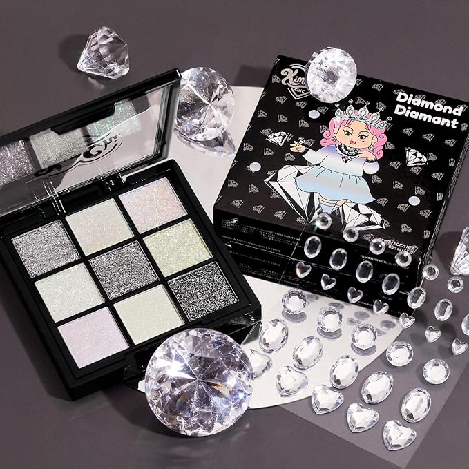 KimChi Chic Jewel Collection Eyeshadow Palette - Pigmented Blendable Matte & Glitter Shades, Long Lasting, Cruelty Free, Includes Jewel Stickers, Diamond