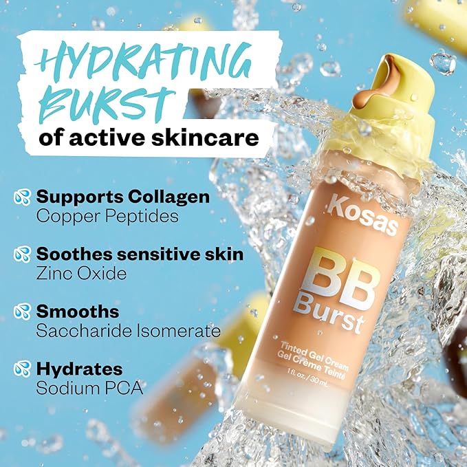 Kosas BB Burst Tinted Face Gel Cream - Supports Healthy Collagen, Smoothes Skin, Hydrates & Moisturizes - Lightweight Buildable Coverage - Light Medium Neutral Warm 20, (1 Oz/30 ML)