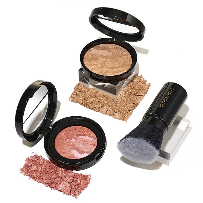 LAURA GELLER NEW YORK Blush-n-Glow Kit (3 Piece) Baked Balance-N-Glow Illuminating CC Powder Foundation Golden Medium, Retractable Kabuki Brush, Baked Blush-N-Brighten Pink Grapefruit