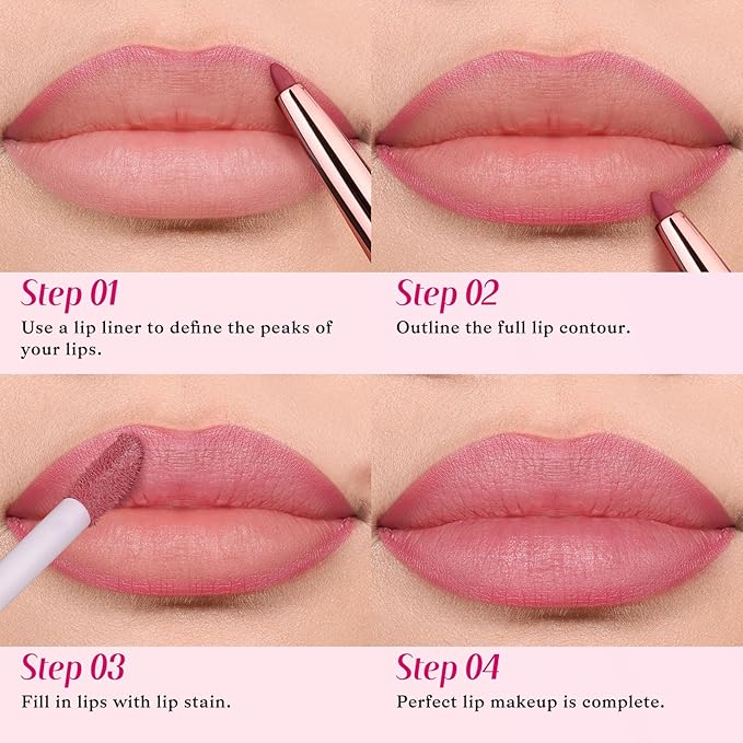 2 PCS Lip Liner and Lip Stain Combo Set, High Pigmented Long Lasting Velvet Lip Tint, Well-Defined Lipliner, Weightless Waterproof Not Animal Tested, Matte Finish Makeup