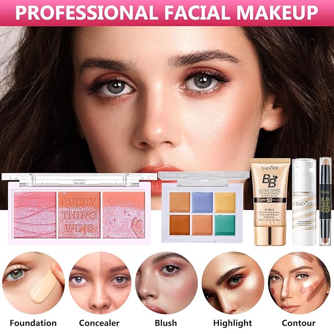 Makeup Kit for Women Full Kit, Make Up Gift Set, Makeup Bundle Includes Foundation Eyeshadow Palette BB Cream Concealer Blush Lipstick Eyeliner Mascara Cosmetic Brush Set