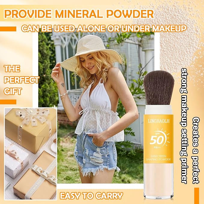 Sunscreen Setting Powder Brush SPF 50 PA++,Matte Translucent Loose Setting Face Powder,Brush On Powder Sunscreen for Face,Long Lasting Oil Control Mineral Brush Makeup Setting Powder