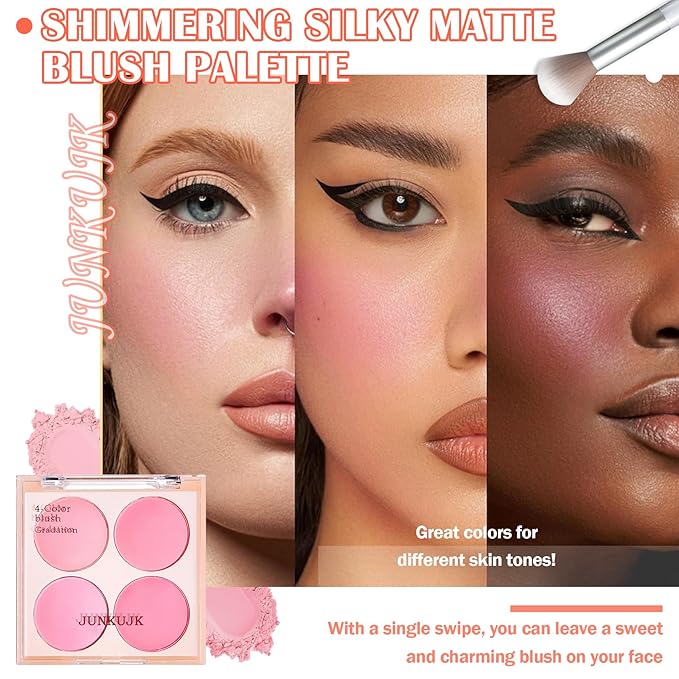 Shimmer Silky Matte Blush Powder Palette, Professional Cute Face Contour Highlighter with Blush Makeup Brush 01