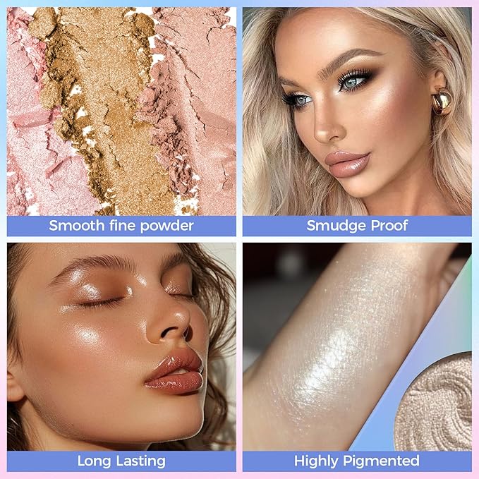 Highlighter Powder Palette, Illuminator Palette Highlighter Baked Waterproof Long Lasting Brilliant Lighten Skin Color Face Contour Powder (A3)