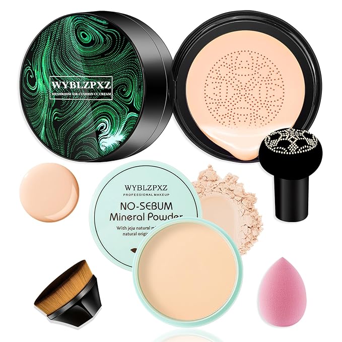 Mushroom Head Air Cushion CC Cream BB Cream Cushion Foundation Set Moisturizing Full Coverage Foundation Concealer Lasting Foundation Makeup Even Skin Tone Makeup Base Primer(4 Pcs)