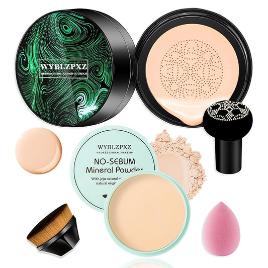 Mushroom Head Air Cushion CC Cream BB Cream Cushion Foundation Set Moisturizing Full Coverage Foundation Concealer Lasting Foundation Makeup Even Skin Tone Makeup Base Primer(4 Pcs)