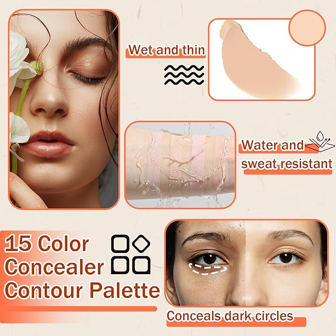 15 Colors Correcting Concealer Palette with Brush,Colors Corrector Palettes Long Lasting Moisturizing Cream Contour Makeup Palette