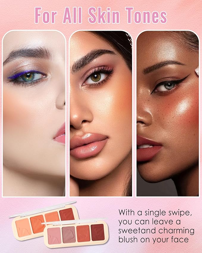 Matte Face Blush Palette Kit with Brush-4 Colors Pink Purple Orange Silky Mineral Blendable Blusher Contour Powder for Cheeks,Longlasting Professional Facial Beauty Makeup Gift for Women Girl-Set 01