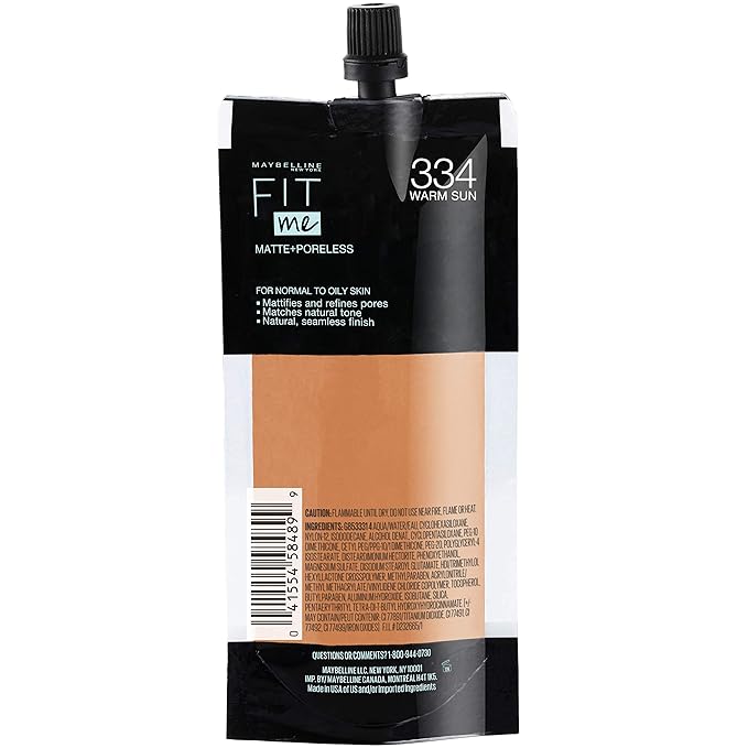 Maybelline New York Fit Me Matte + Poreless Liquid Foundation, Pouch Format, 334 Warm Sun, 1.3 Ounce