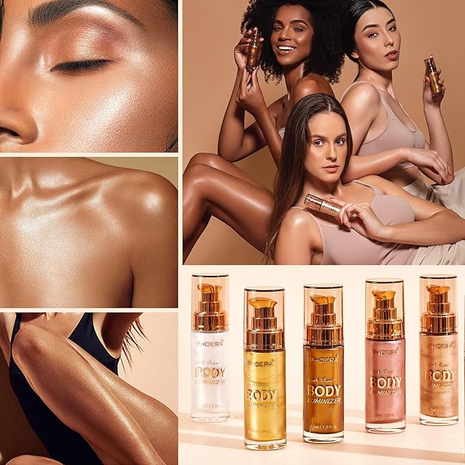 PHOERA Body Shimmer Oil,Waterproof Long Lasting Moisturizing Body Luminizer Glow Body Illuminator Highlighter for Face with Makup Bursh, 1oz/Jars (102 Metallic Gold)